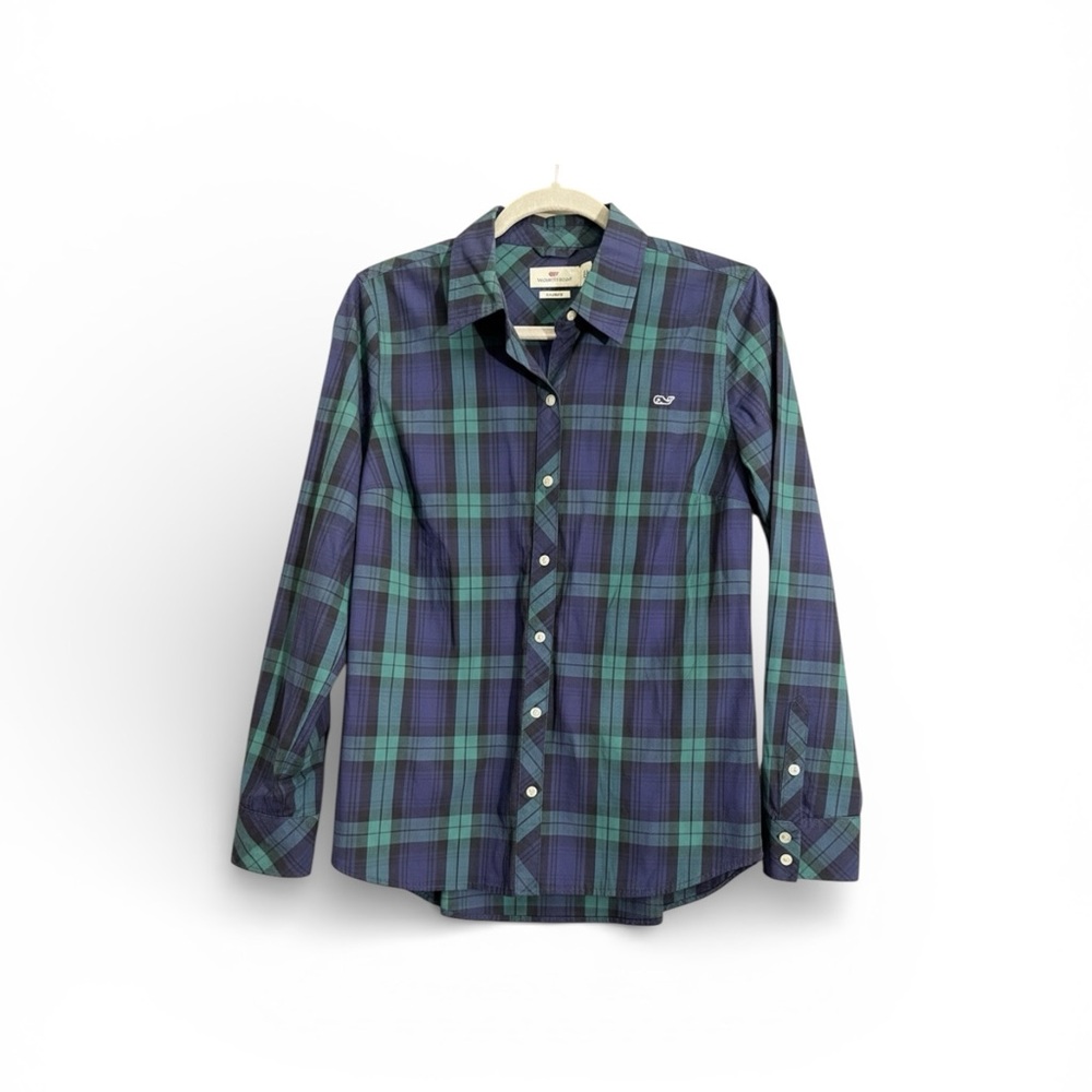 Vineyard Vines 4 Small Stretchy Plaid Navy and Teal Shirt